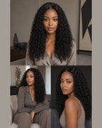 Model wearing a Natural Black Burmese Curly 13x4 lace front human hair wig in a lifestyle collage