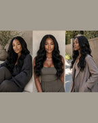 Model wearing a Natural Black Burmese Loose Wave 13x4 lace front human hair wig in a lifestyle collage