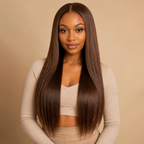 Black woman wearing a long chocolate brown 13x4 glueless straight human hair wig - front view
