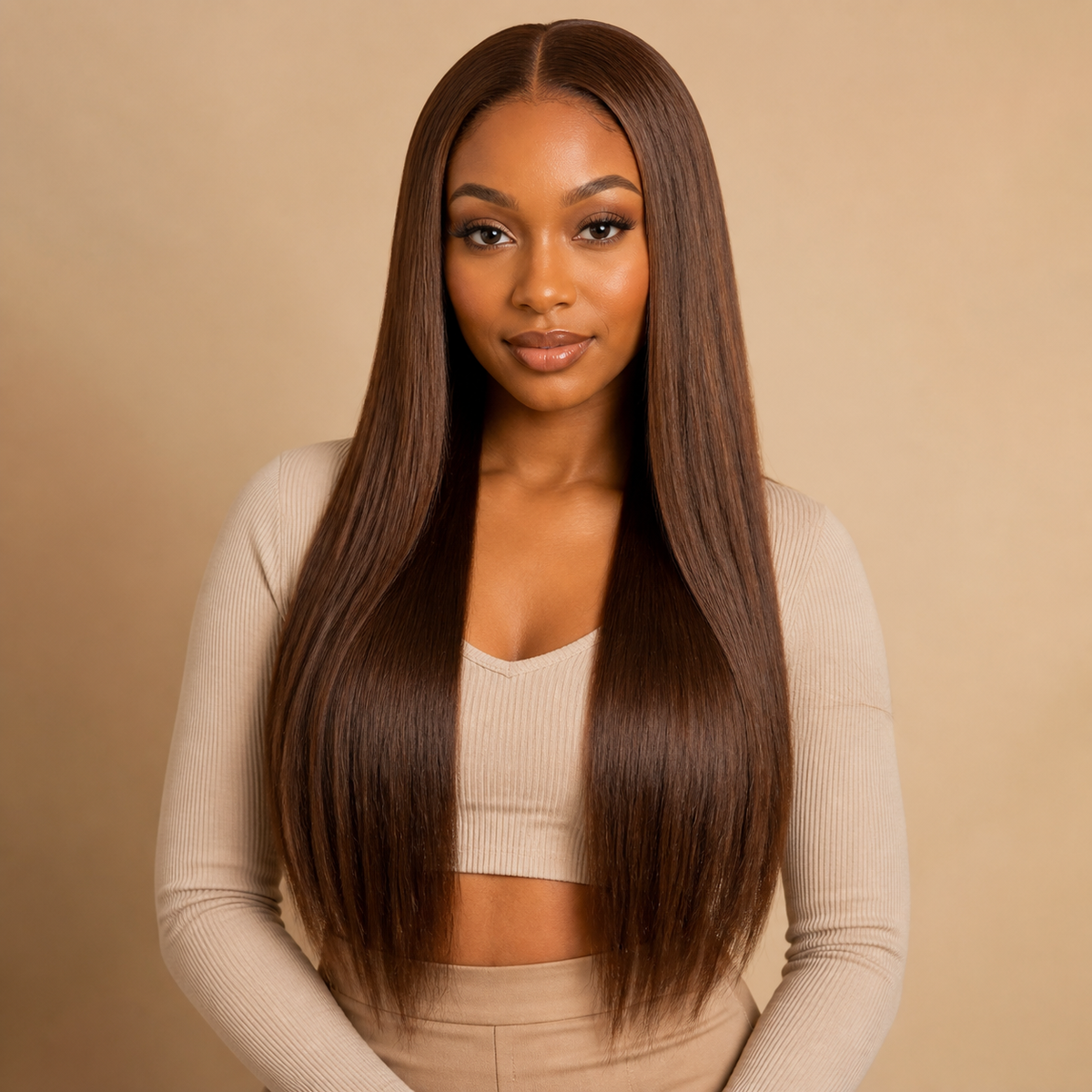 Black woman wearing a long chocolate brown 13x4 glueless straight human hair wig - front view