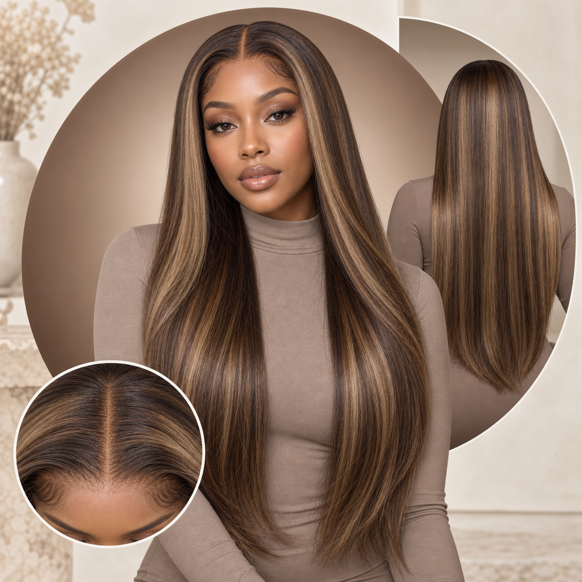 P4/27 Straight 13x4 lace front wig on a model with back and hairline detail views