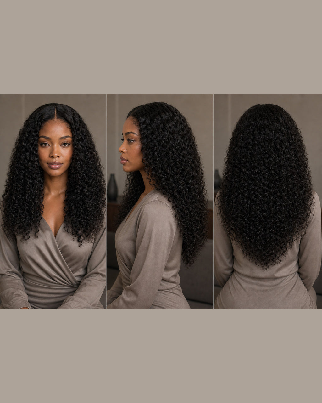Burmese Curly human hair wig shown from the front, side and back