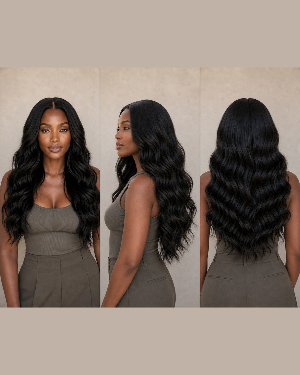Burmese Loose Wave human hair wig shown from the front, side and back