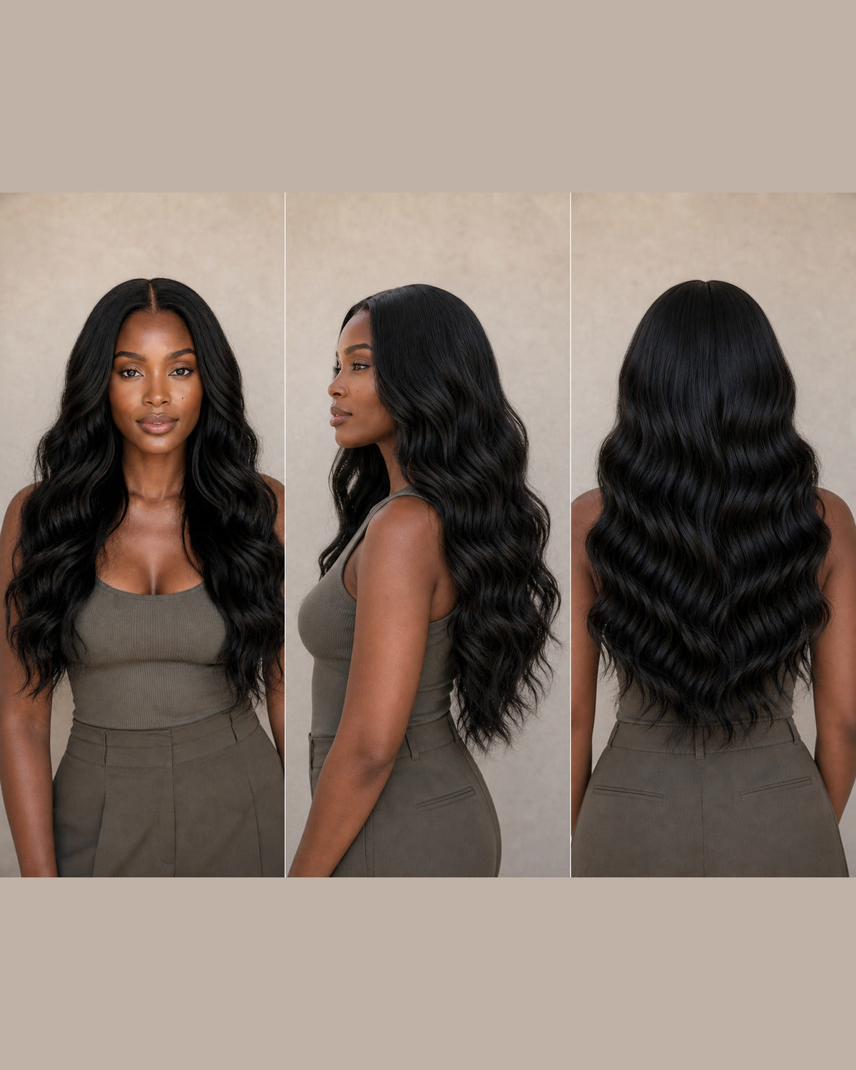 Burmese Loose Wave human hair wig shown from the front, side and back