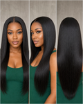 Front, side and back views of a natural black straight human hair wig