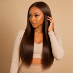 Chocolate brown glueless straight human hair wig - side view