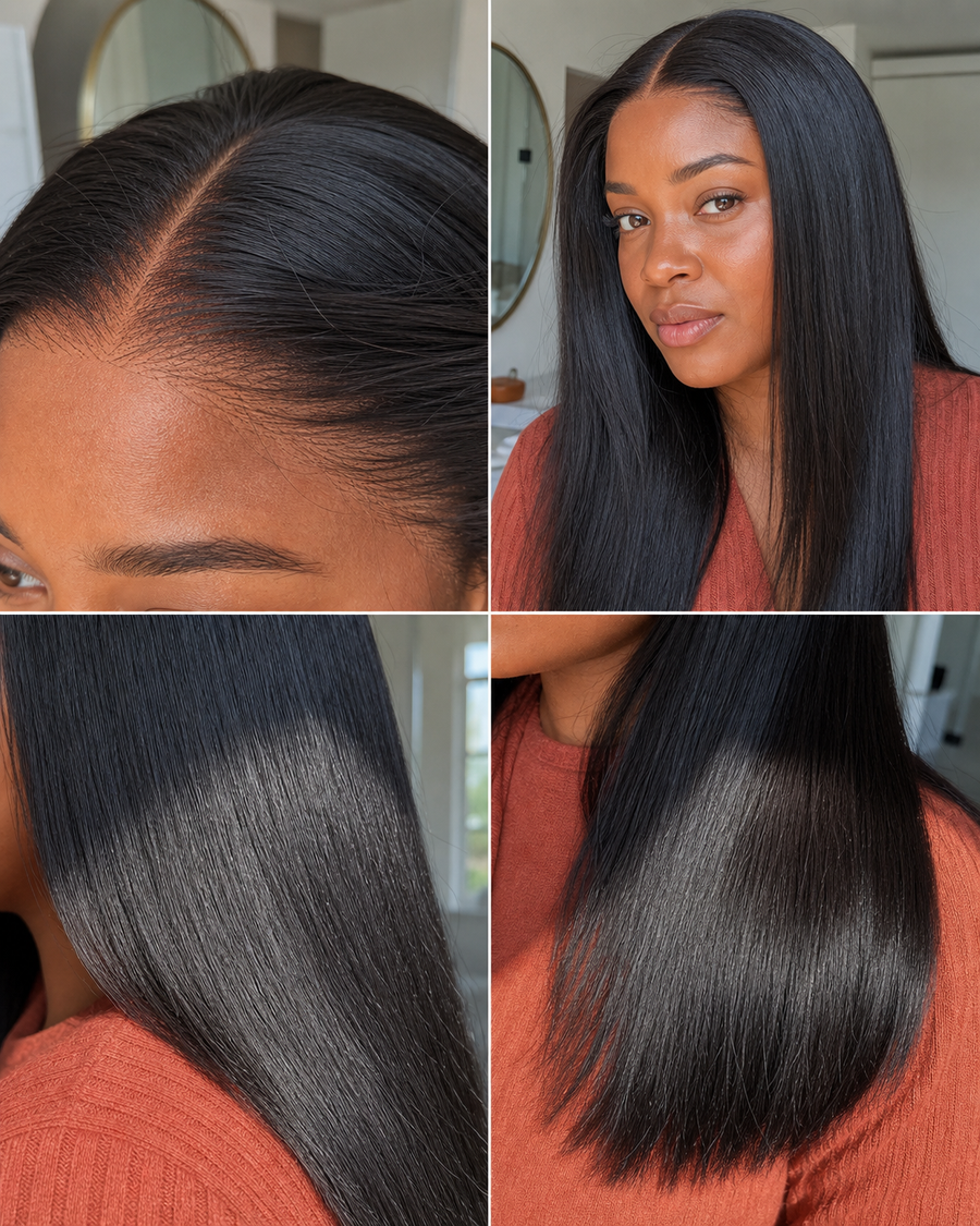 Hairline, straight texture and length details of a natural black human hair wig