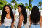 Long Natural Black Jerry Curly 13x4 wig shown from the front, side and back