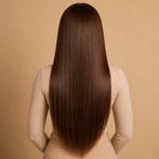 Long chocolate brown straight human hair wig - back view and length