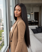 Lifestyle view of a natural black straight glueless human hair wig