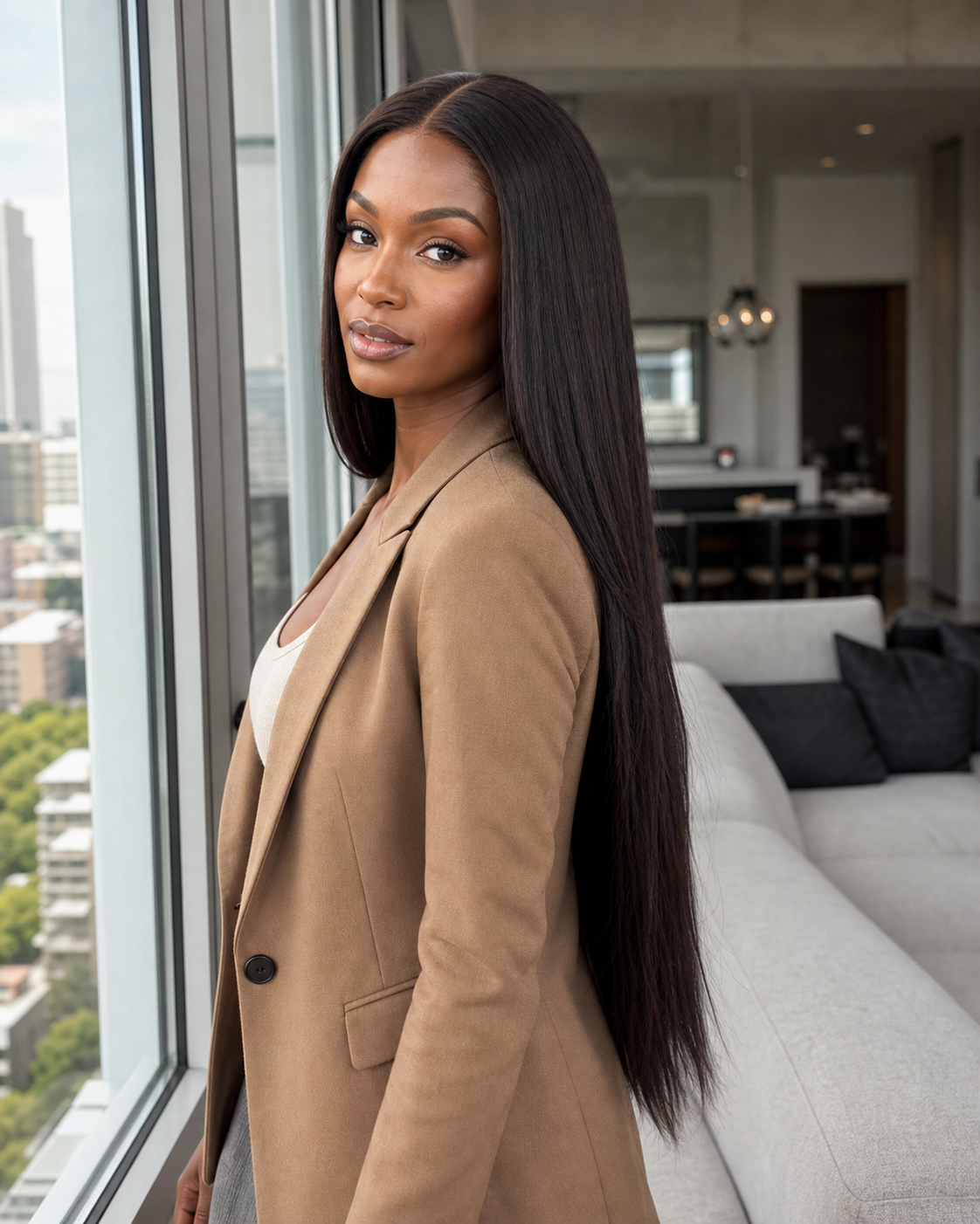 Lifestyle view of a natural black straight glueless human hair wig