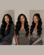 Burmese Loose Wave wig shown with centre, side and half-up styling