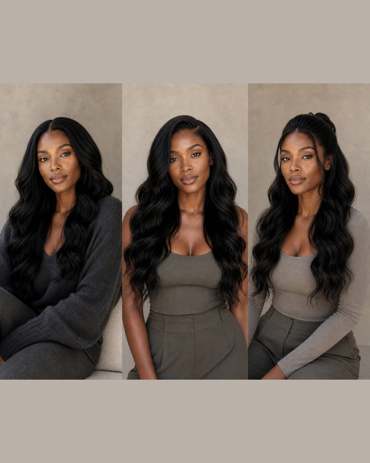 Burmese Loose Wave wig shown with centre, side and half-up styling