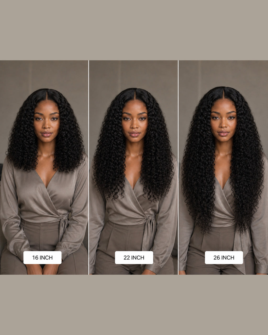 Burmese Curly wig length guide showing 16, 22 and 26 inches