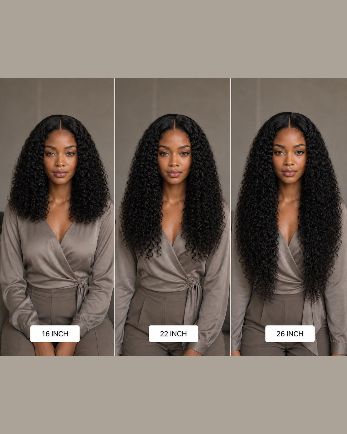Burmese Curly wig length guide showing 16, 22 and 26 inches