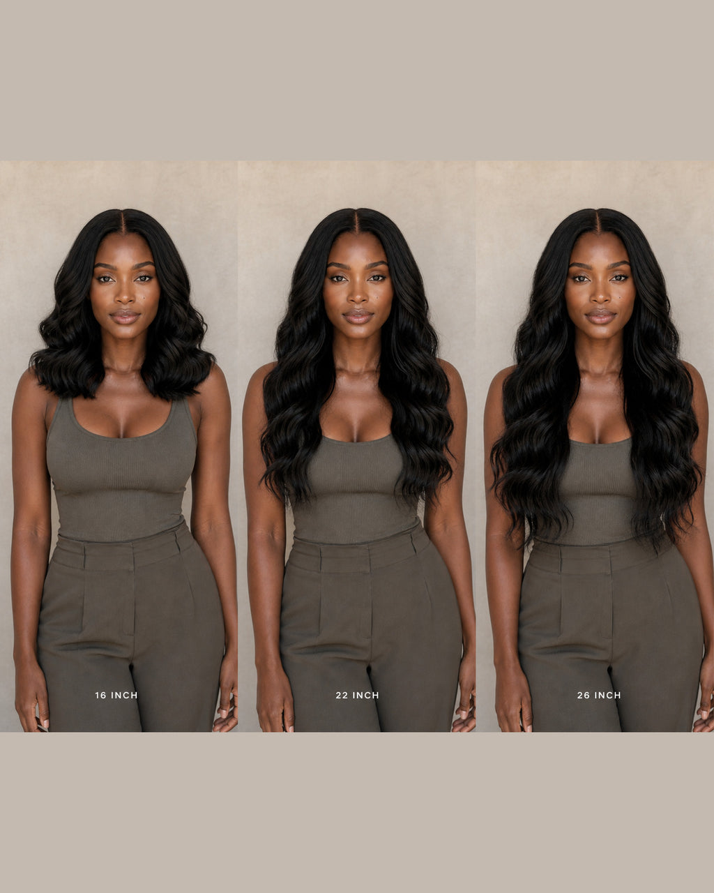 Burmese Loose Wave wig length guide showing 16, 22 and 26 inches