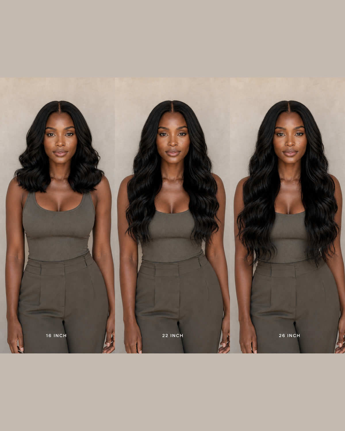 Burmese Loose Wave wig length guide showing 16, 22 and 26 inches