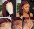 Close-up views of the 13x4 lace front on a 99J burgundy Vietnamese bone straight wig