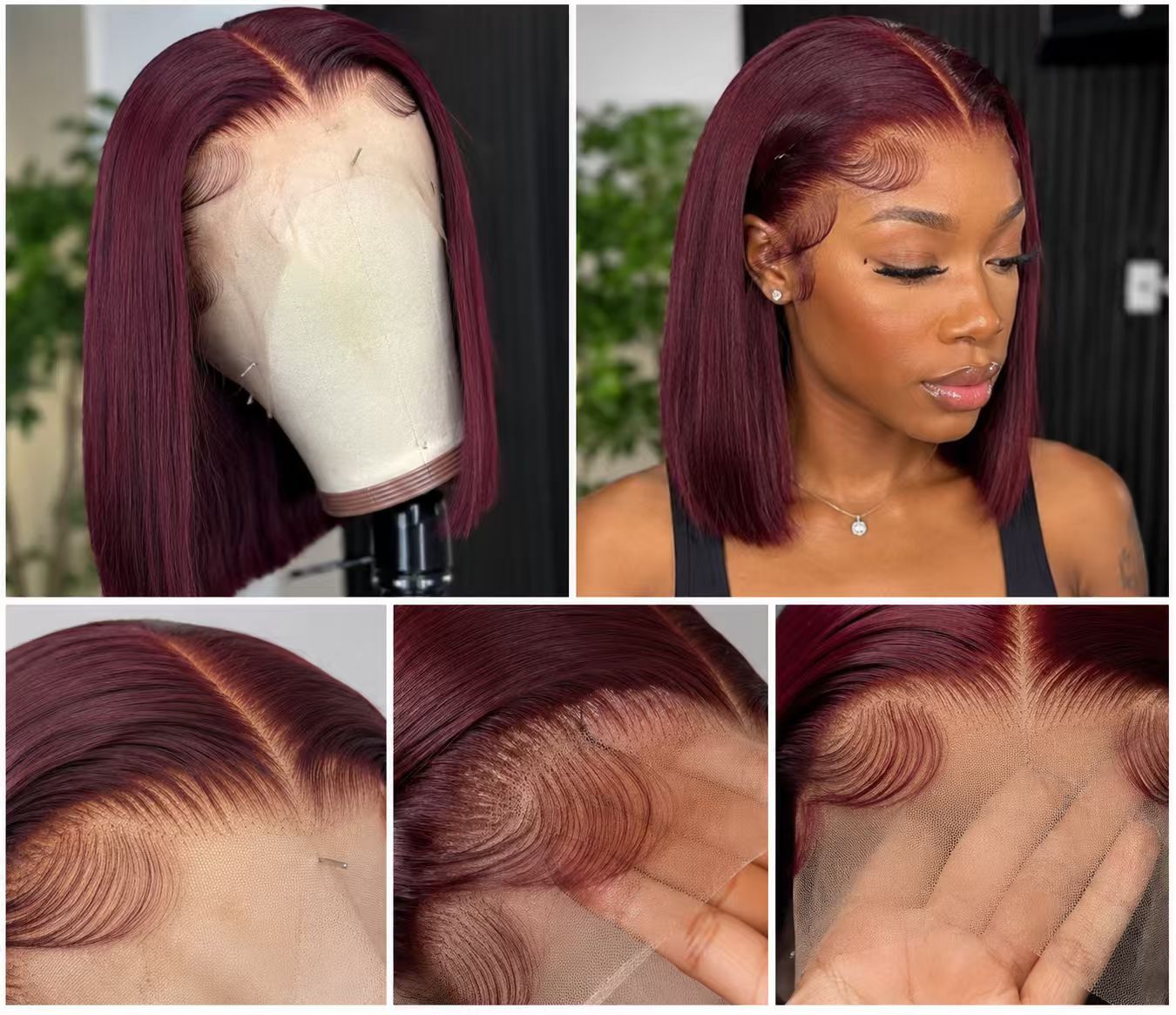 Close-up views of the 13x4 lace front on a 99J burgundy Vietnamese bone straight wig