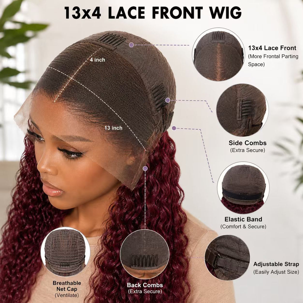 13x4 lace frontal water wave human hair wig cap with combs, elastic band and adjustable straps