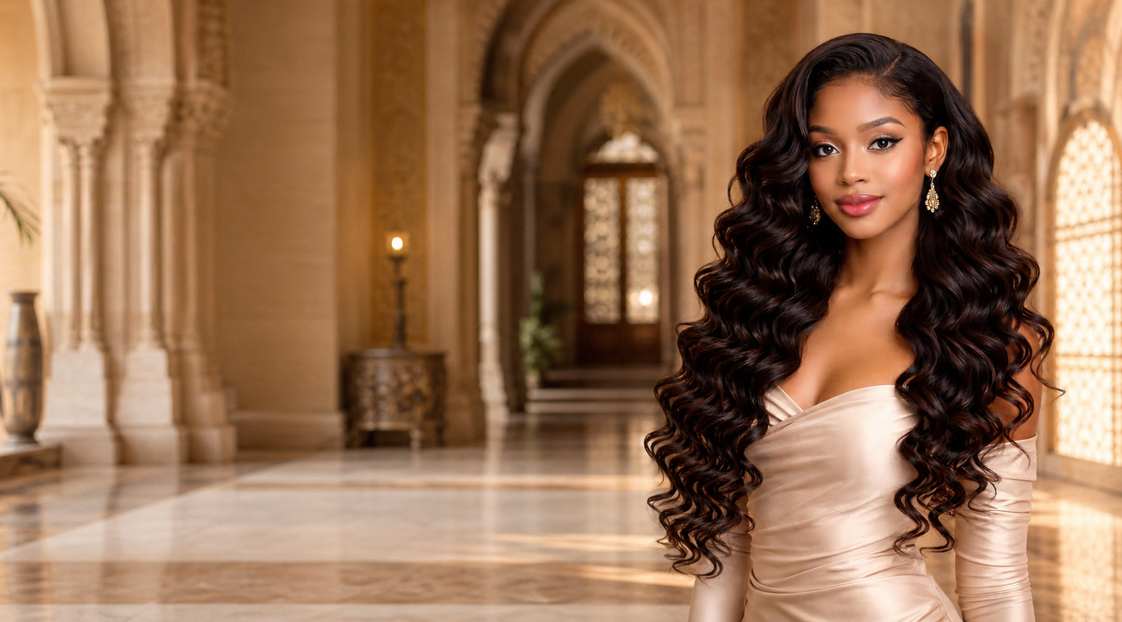 Black woman with long dark wavy hair in a warm luxury studio setting