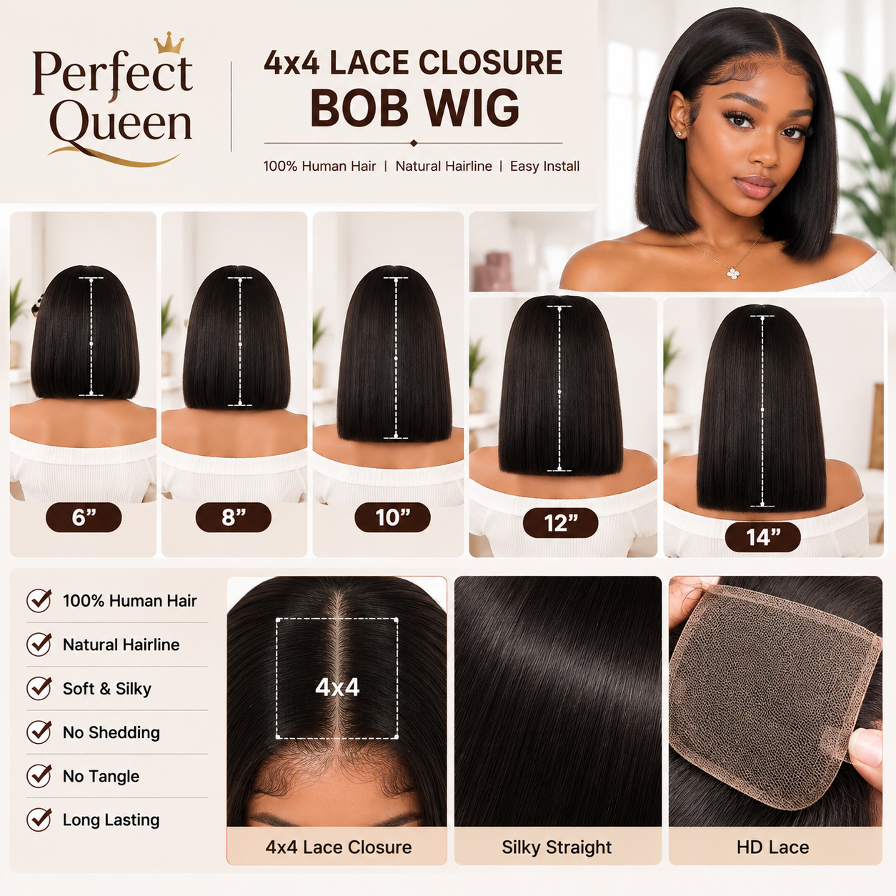 4x4 lace closure bob human hair wig in Natural Black - product image 6 | Perfect Queen South Africa
