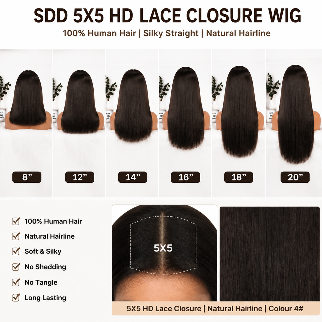 SDD Vietnamese 5x5 HD lace closure straight human hair wig in Color #4 - product image 7 | Perfect Queen South Africa