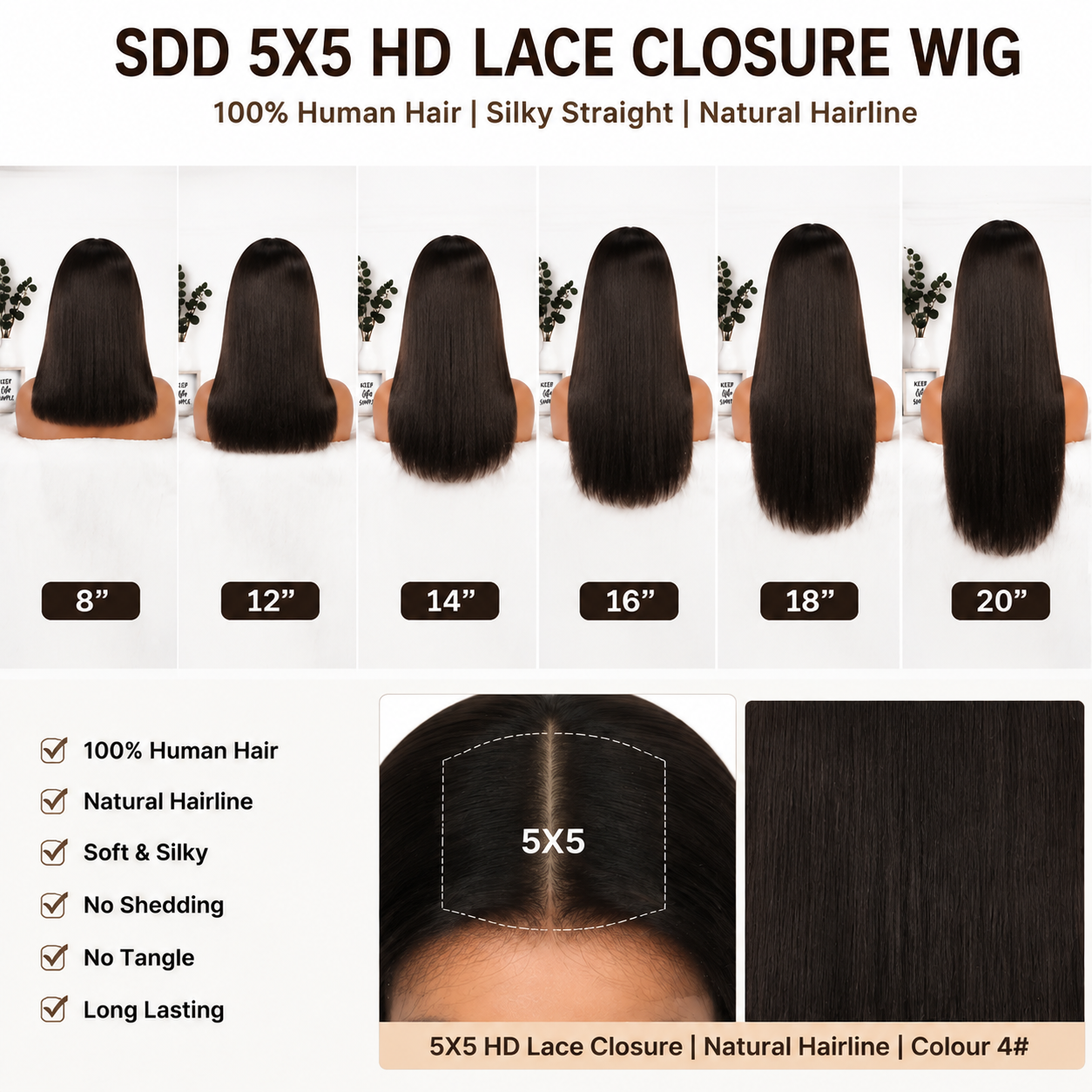 SDD Vietnamese 5x5 HD lace closure straight human hair wig in Color #4 - product image 7 | Perfect Queen South Africa