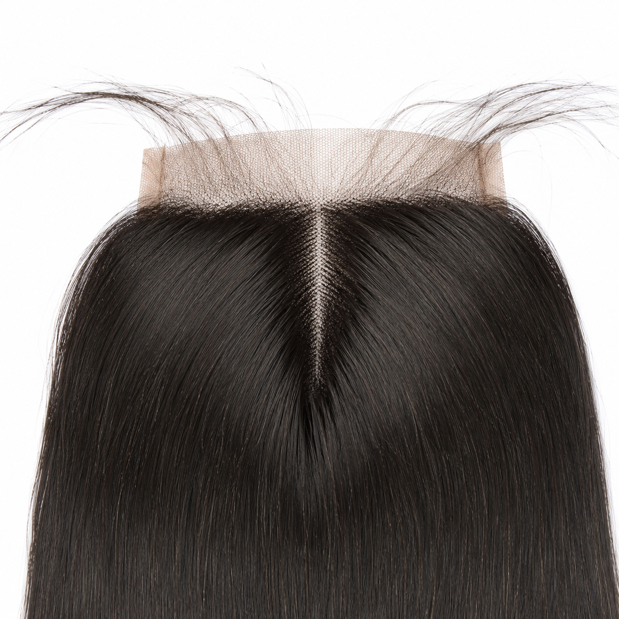 Close-up of 4x4 straight human hair lace closure with natural middle part and fine lace