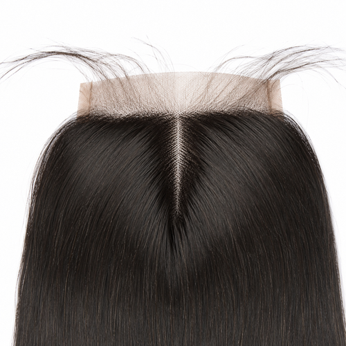 Close-up of 4x4 straight human hair lace closure with natural middle part and fine lace