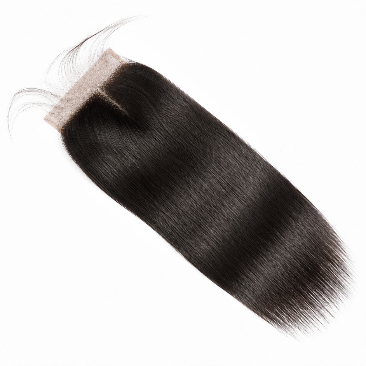 4x4 straight human hair lace closure in natural black shown at an angled view