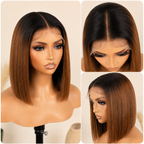 5x5 lace detail views of T1B/4 ombre brown Vietnamese bone straight wig