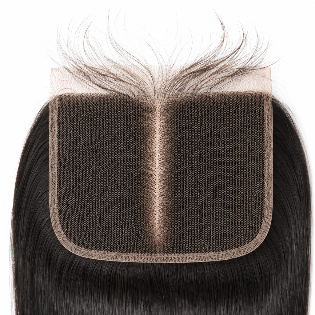 Close-up of 5x5 straight human hair lace closure with natural middle part and fine lace