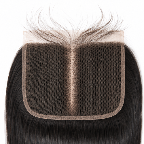 Close-up of 5x5 straight human hair lace closure with natural middle part and fine lace