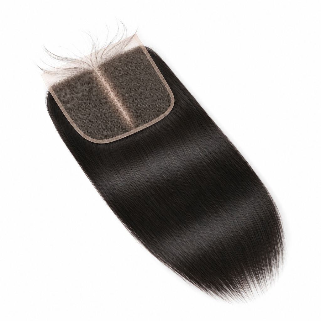 5x5 straight human hair lace closure in natural black shown at an angled view