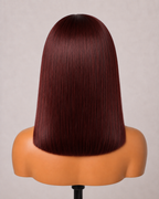 Back view of a 99J burgundy bone straight Vietnamese human hair bob wig
