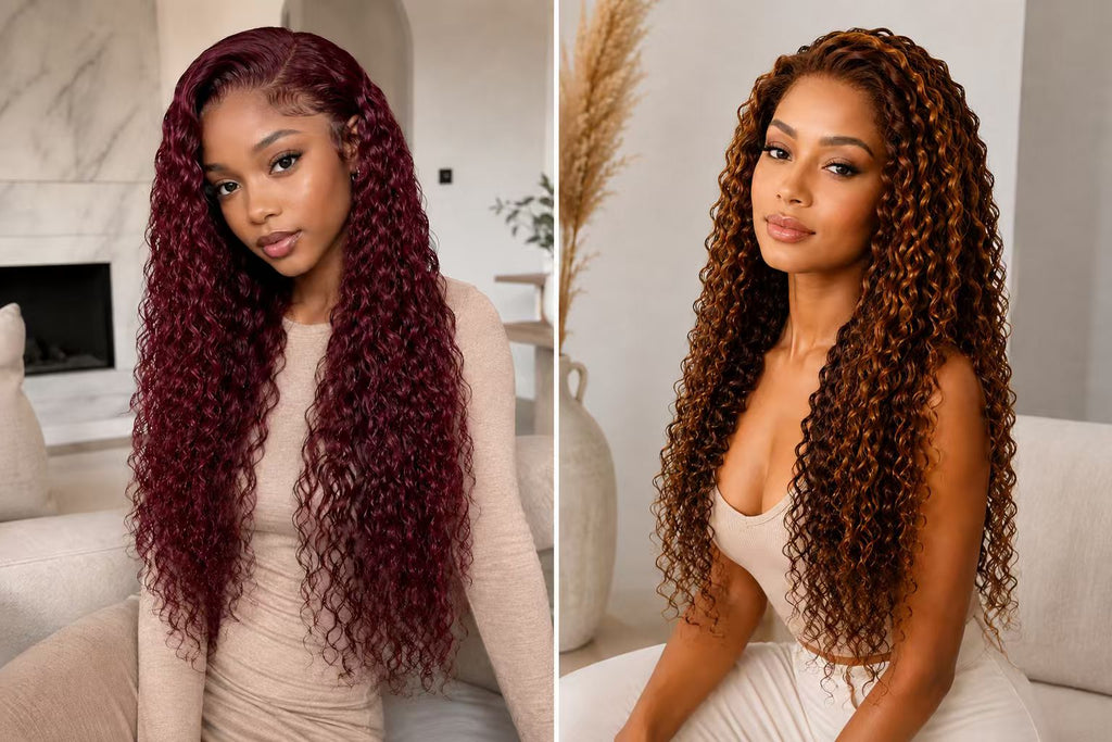 Models wearing 99J burgundy and P4/27 highlighted 13x4 water wave human hair wigs