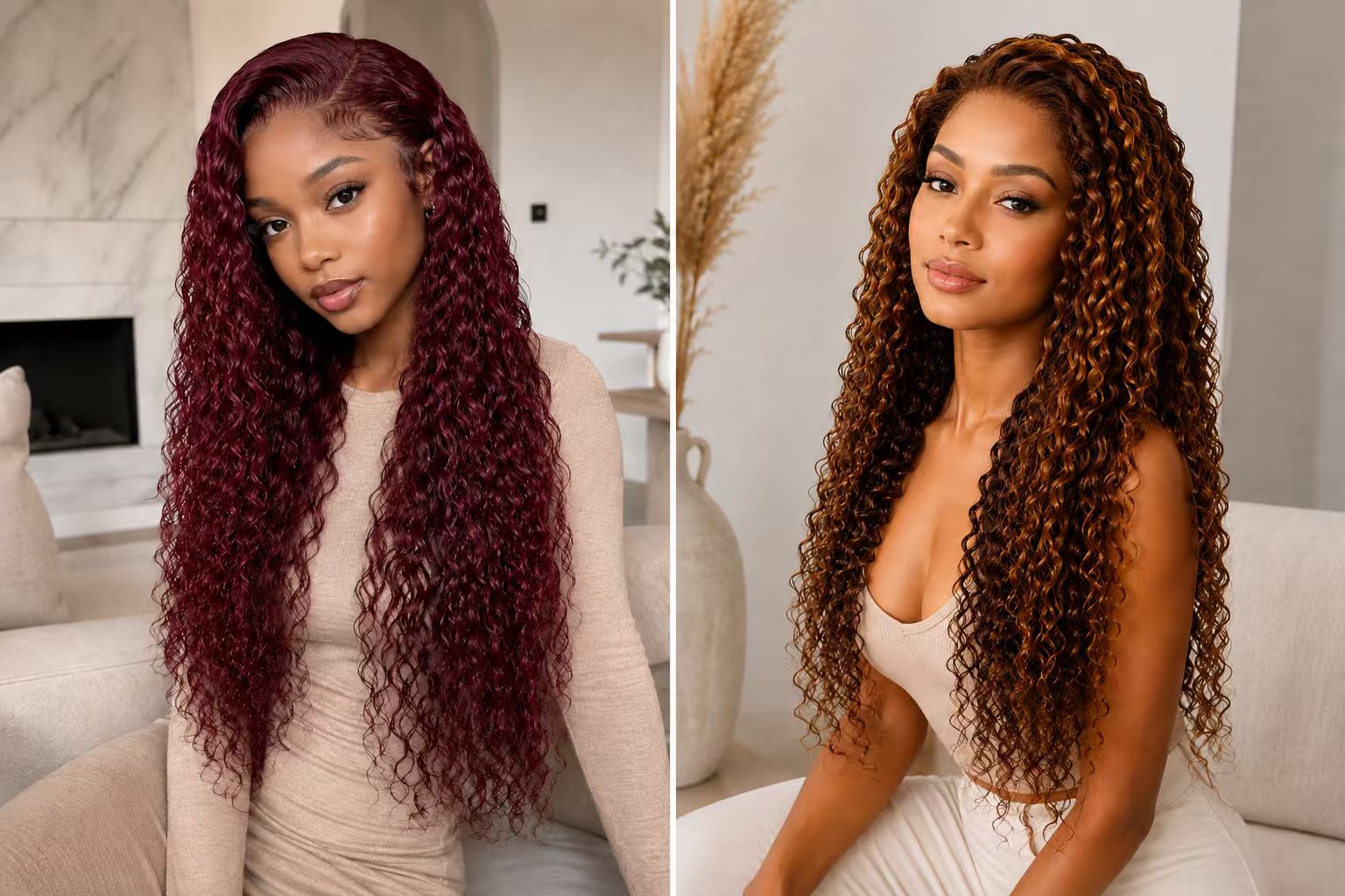 Models wearing 99J burgundy and P4/27 highlighted 13x4 water wave human hair wigs