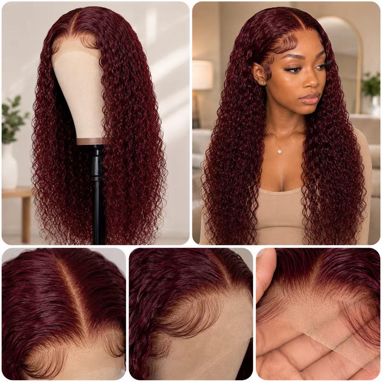 99J burgundy 13x4 lace frontal water wave human hair wig – model and lace details
