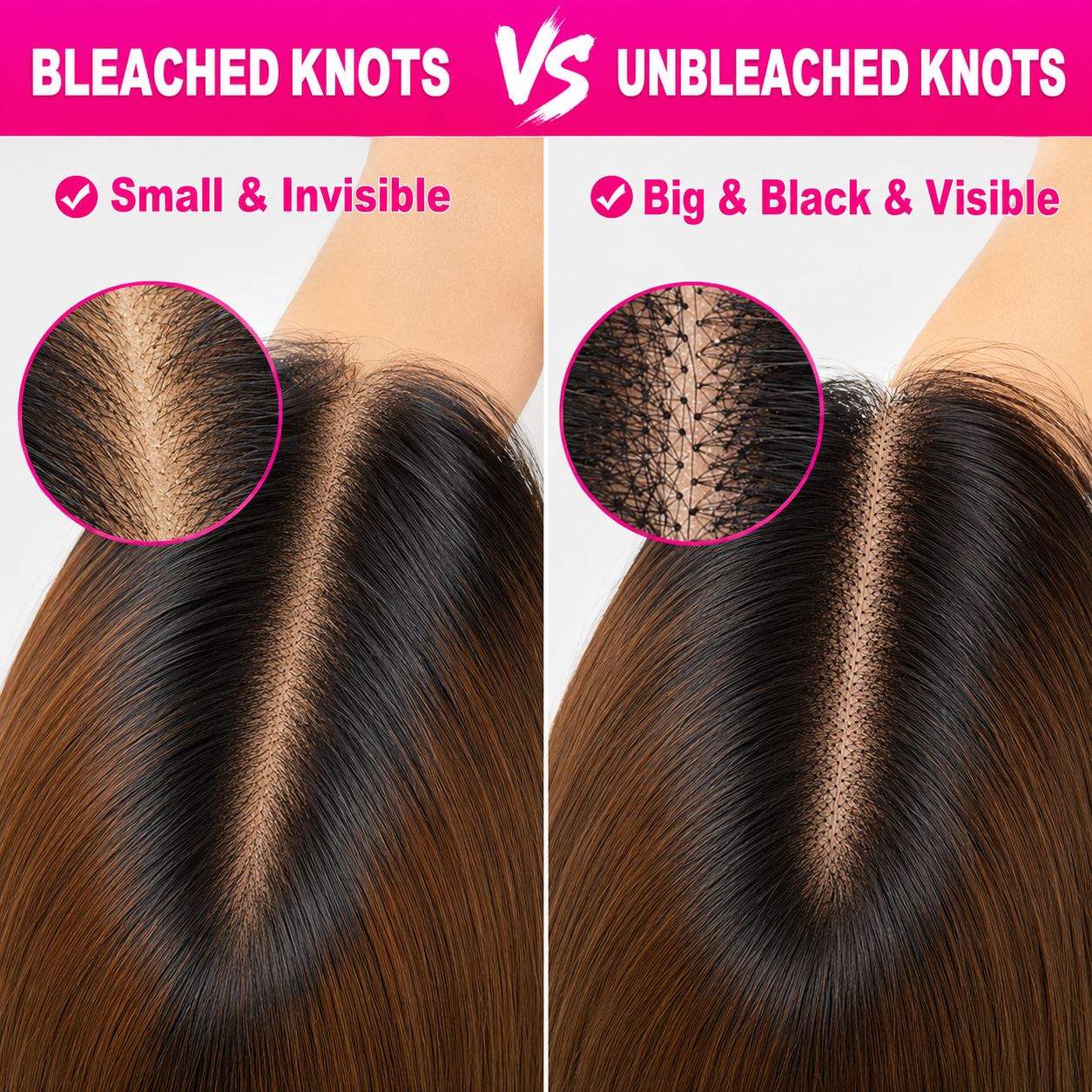 Bleached knots and unbleached knots comparison on a straight lace wig