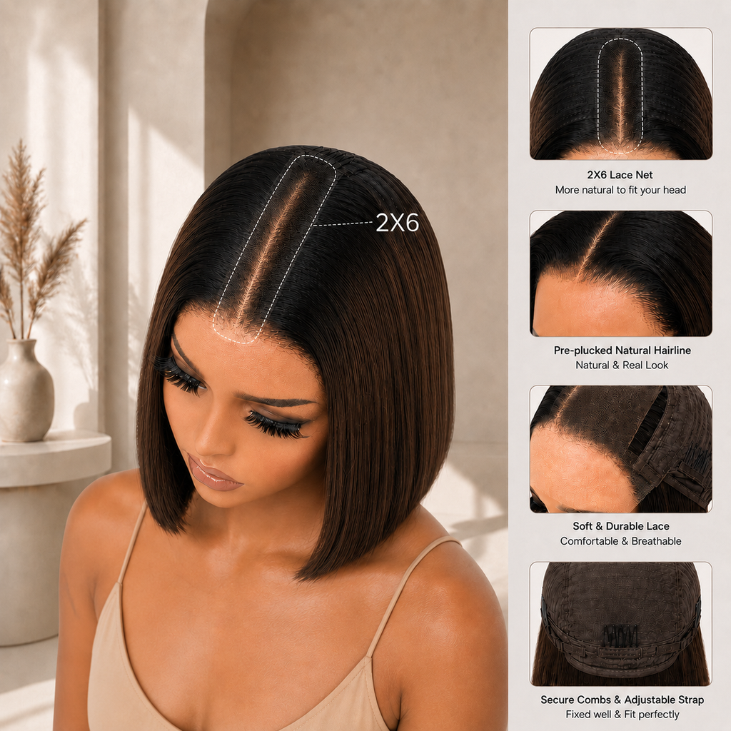 T1B/4 straight 2x6 lace wig with pre-plucked hairline, secure combs and adjustable strap