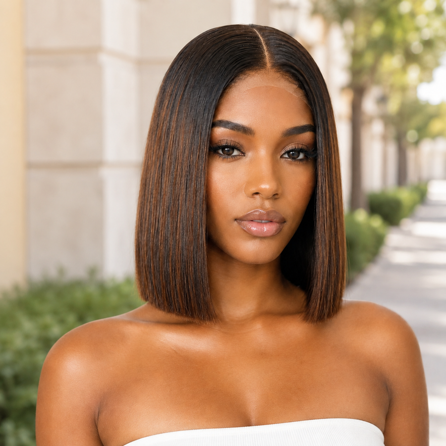 Model wearing a short T1B/4 straight bob human hair wig with a centre part