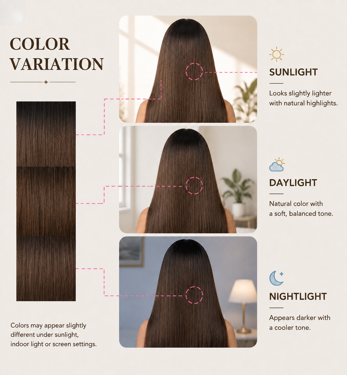 T1B/4 straight human hair colour variation in sunlight, daylight and night lighting