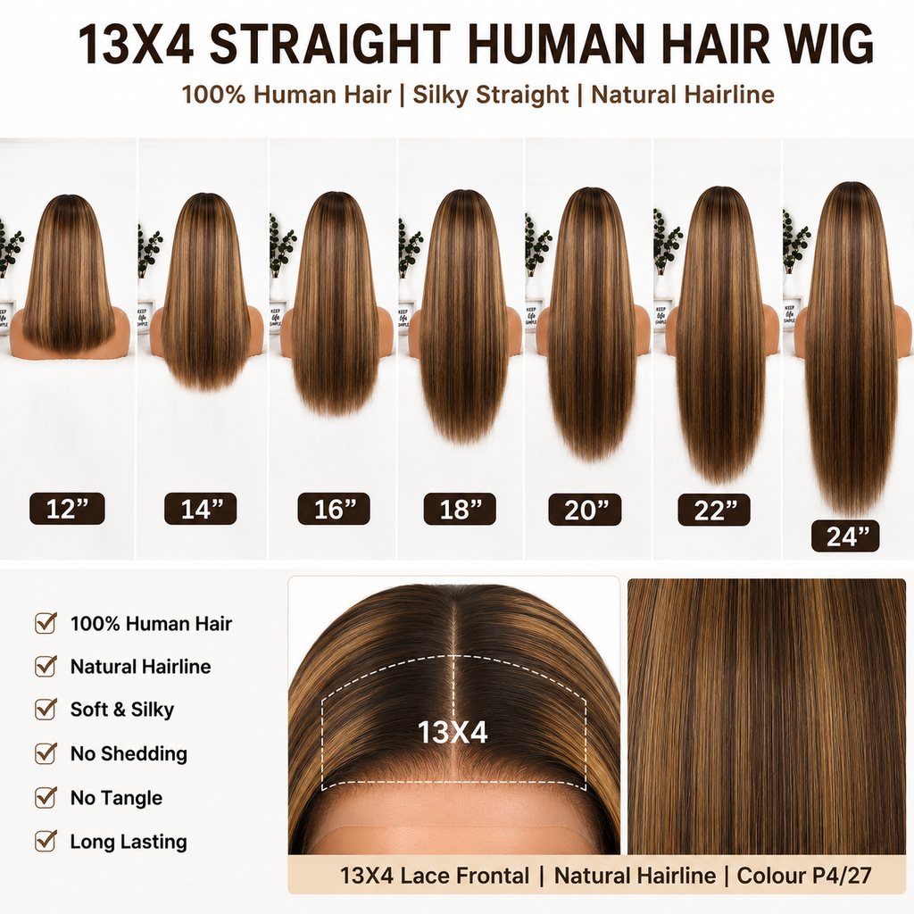 P4/27 13x4 lace front straight human hair wig length guide from 12 to 24 inches