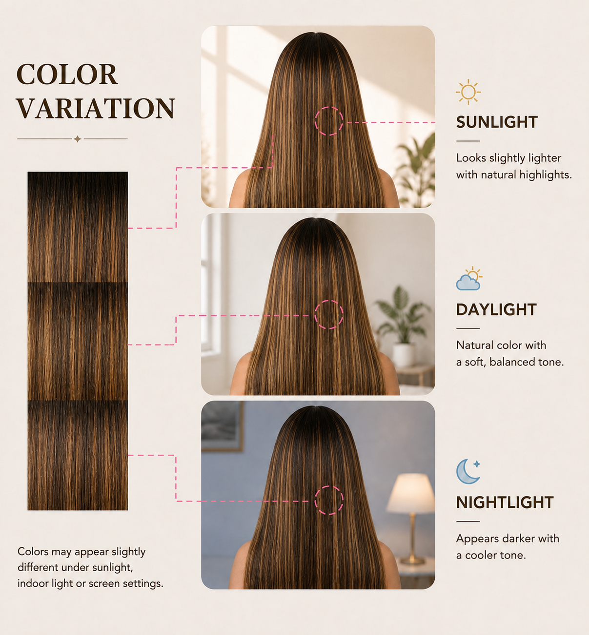 P4/27 highlighted straight wig colour variation in sunlight, daylight and night lighting