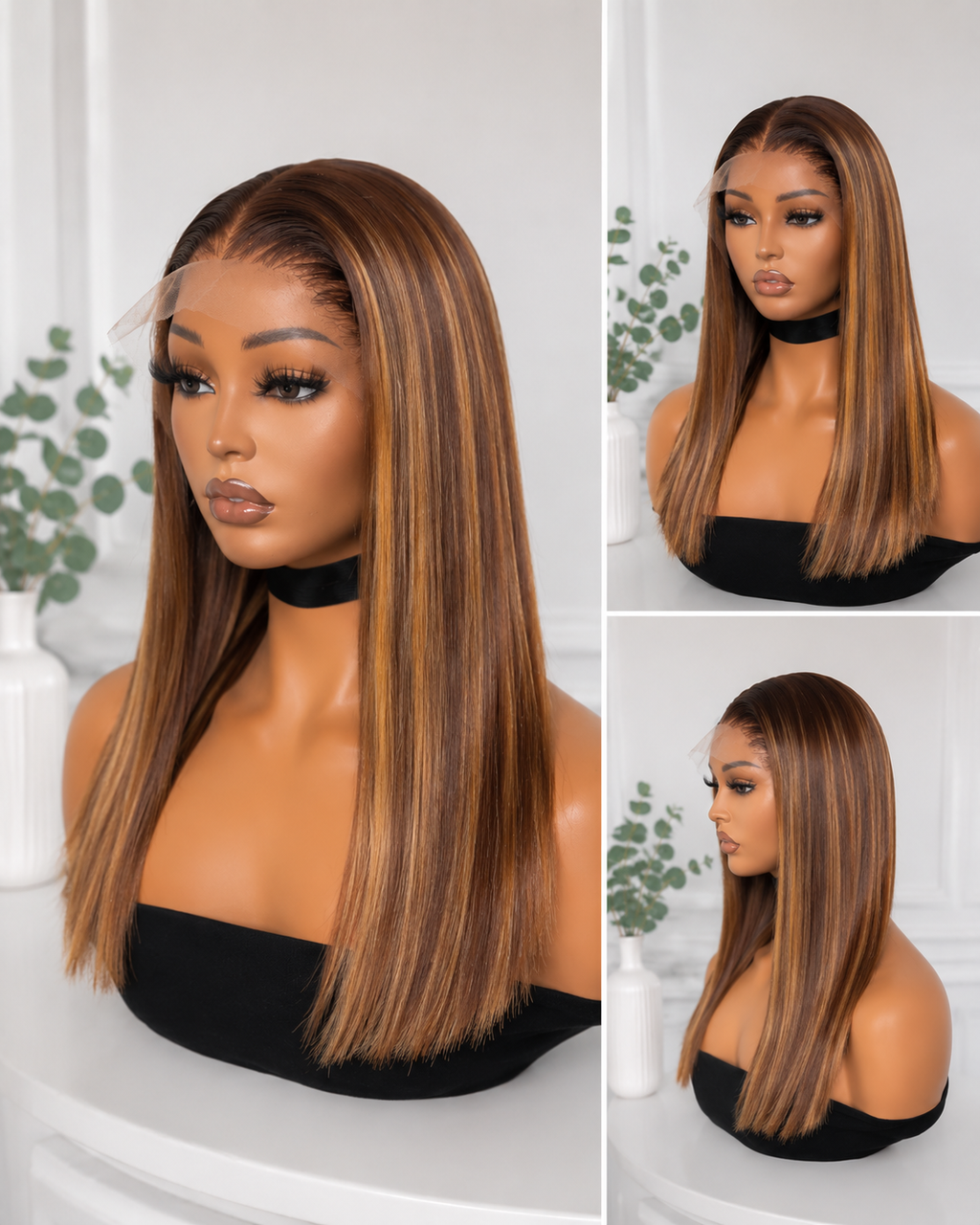 P4/27 highlighted brown straight lace front wig shown from front and side on a mannequin