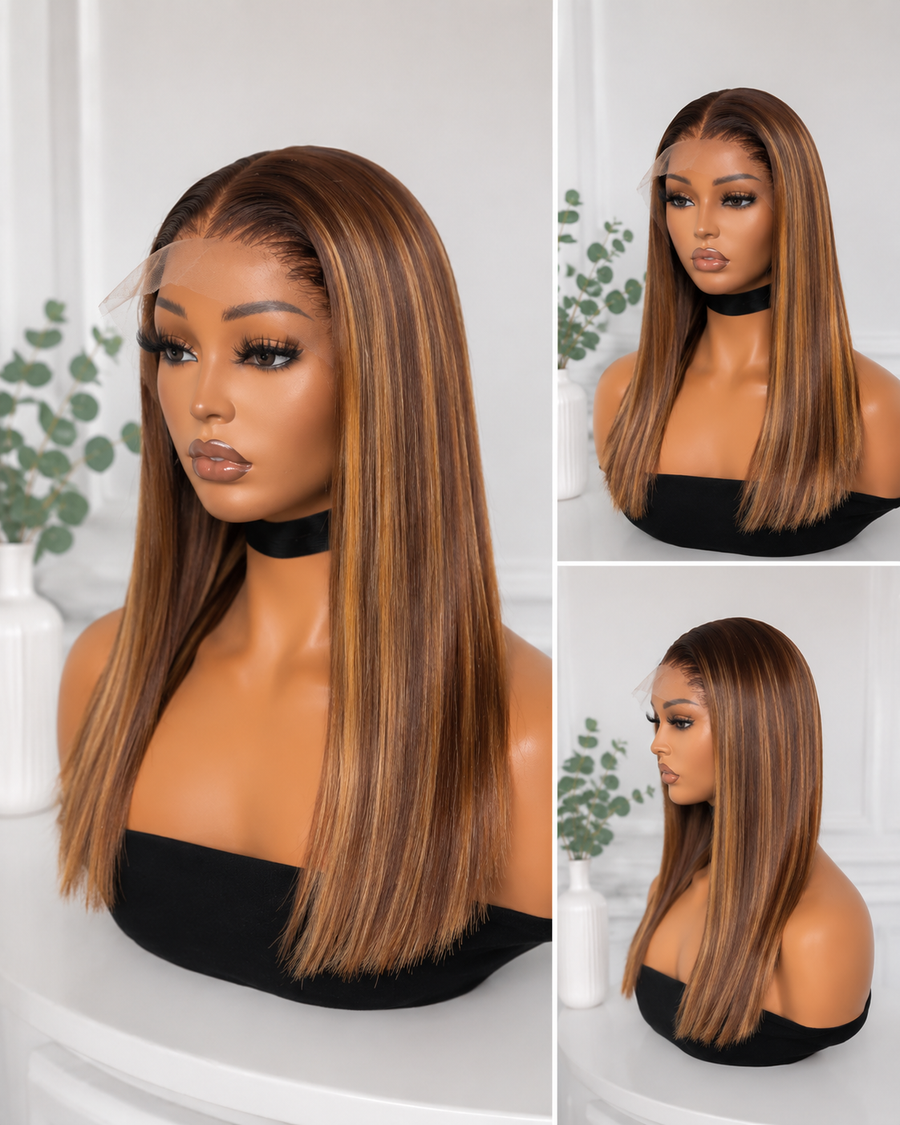 P4/27 highlighted brown straight lace front wig shown from front and side on a mannequin