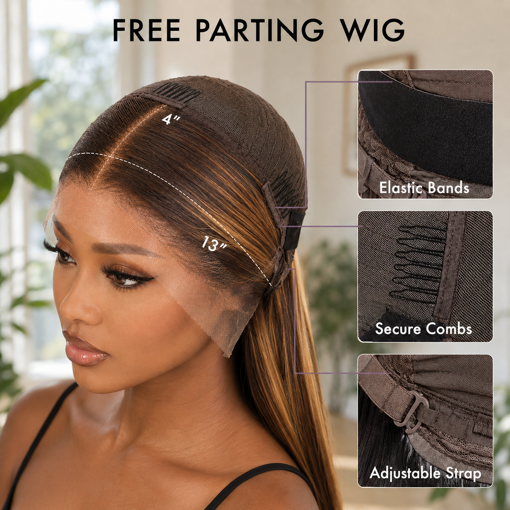13x4 lace front wig cap with free parting, secure combs, elastic bands and adjustable strap