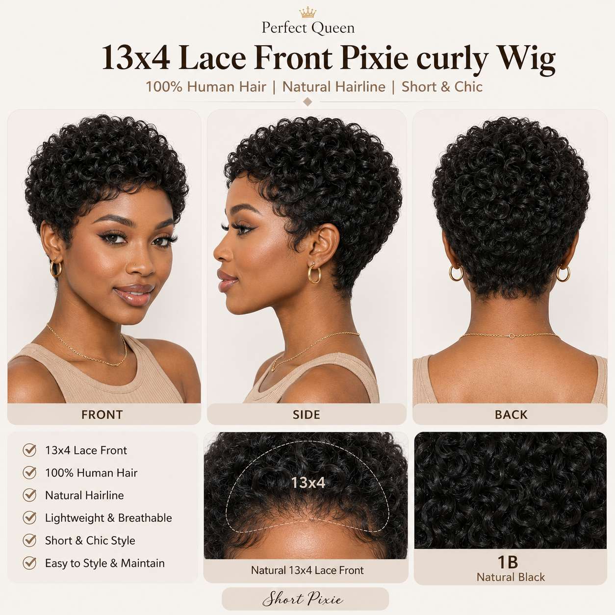 13x4 lace front Pixie Curly human hair wig in Natural Black - product image 2 | Perfect Queen South Africa