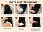 Human hair wig washing and care guide with shampoo, conditioner, mousse and combing steps